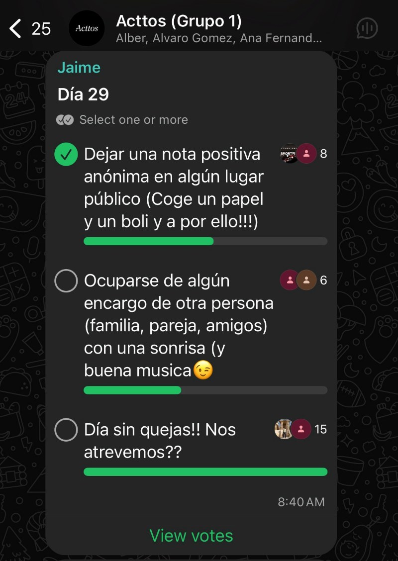Encuesta de WhatsApp del grupo Acttos para compartir qué actto has hecho